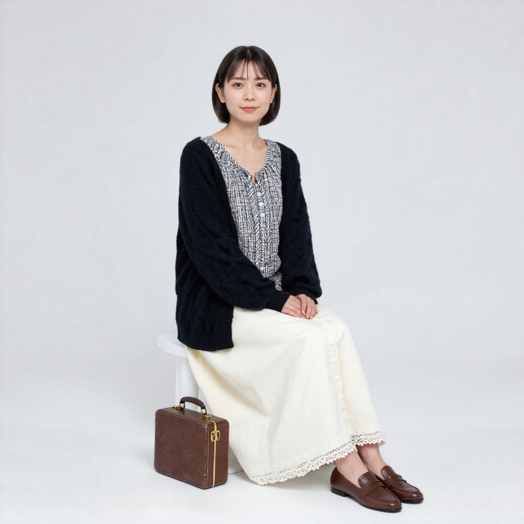 レトロ小格子 ゆったりリボンブラウス