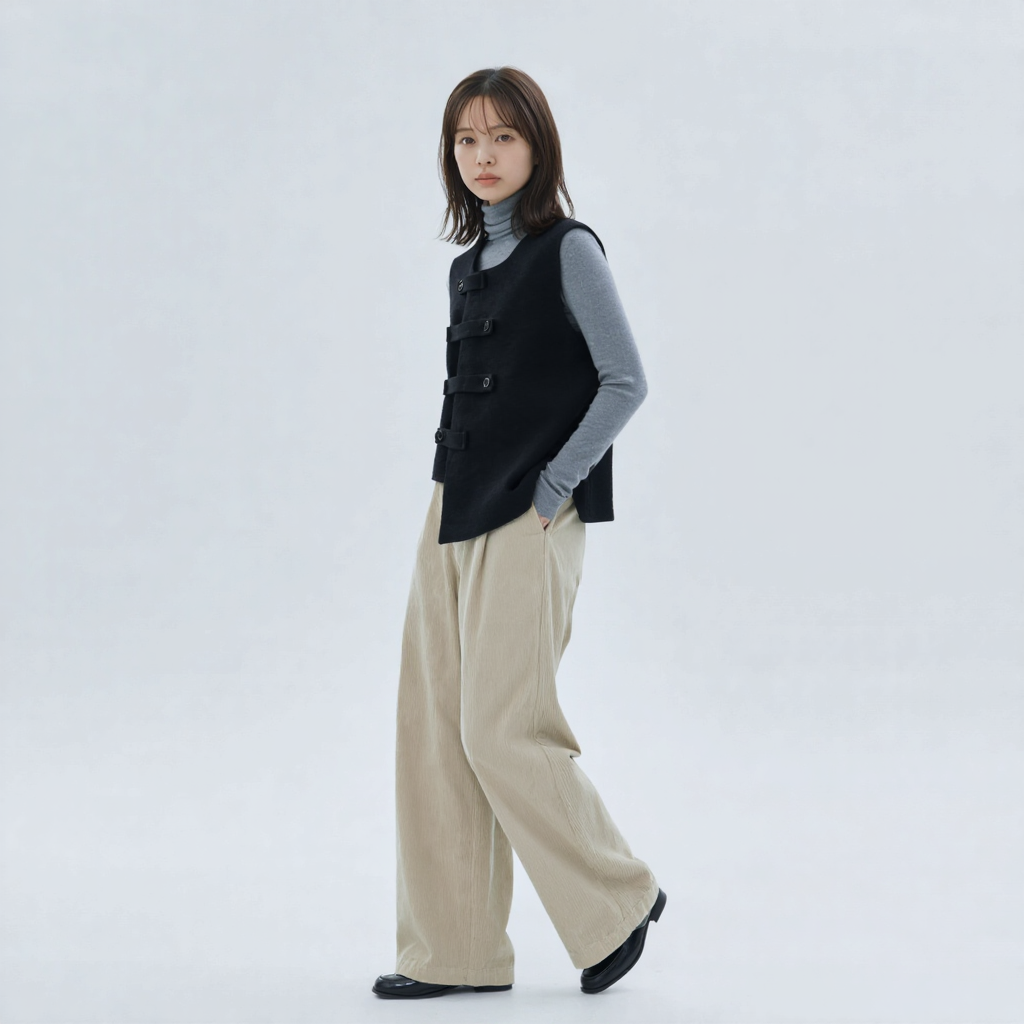 レトロ フィットシルエット フロントボタン ニットベスト