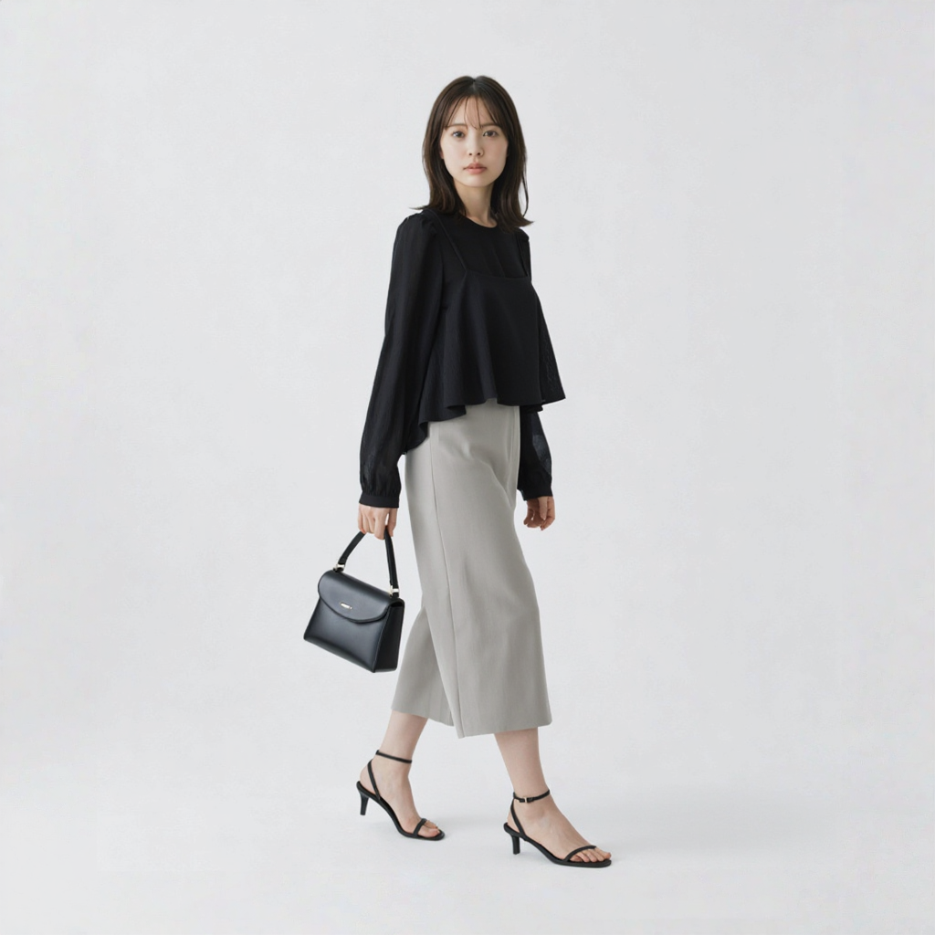 ヴィンテージ風 フィットシルエット フェイクレイヤード シフォン セットアップ　