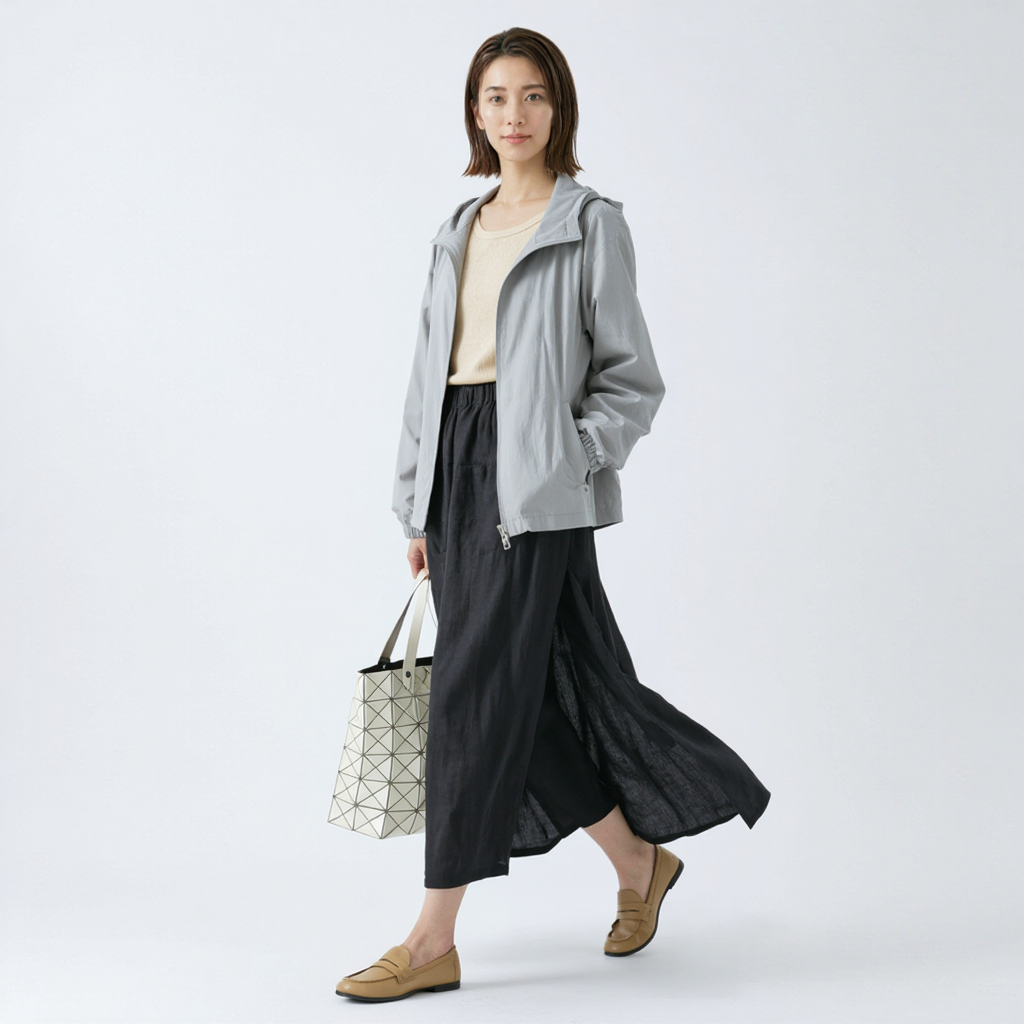 リラックス感 ワイド フェイクレイヤード 綿麻 ワイドパンツ
