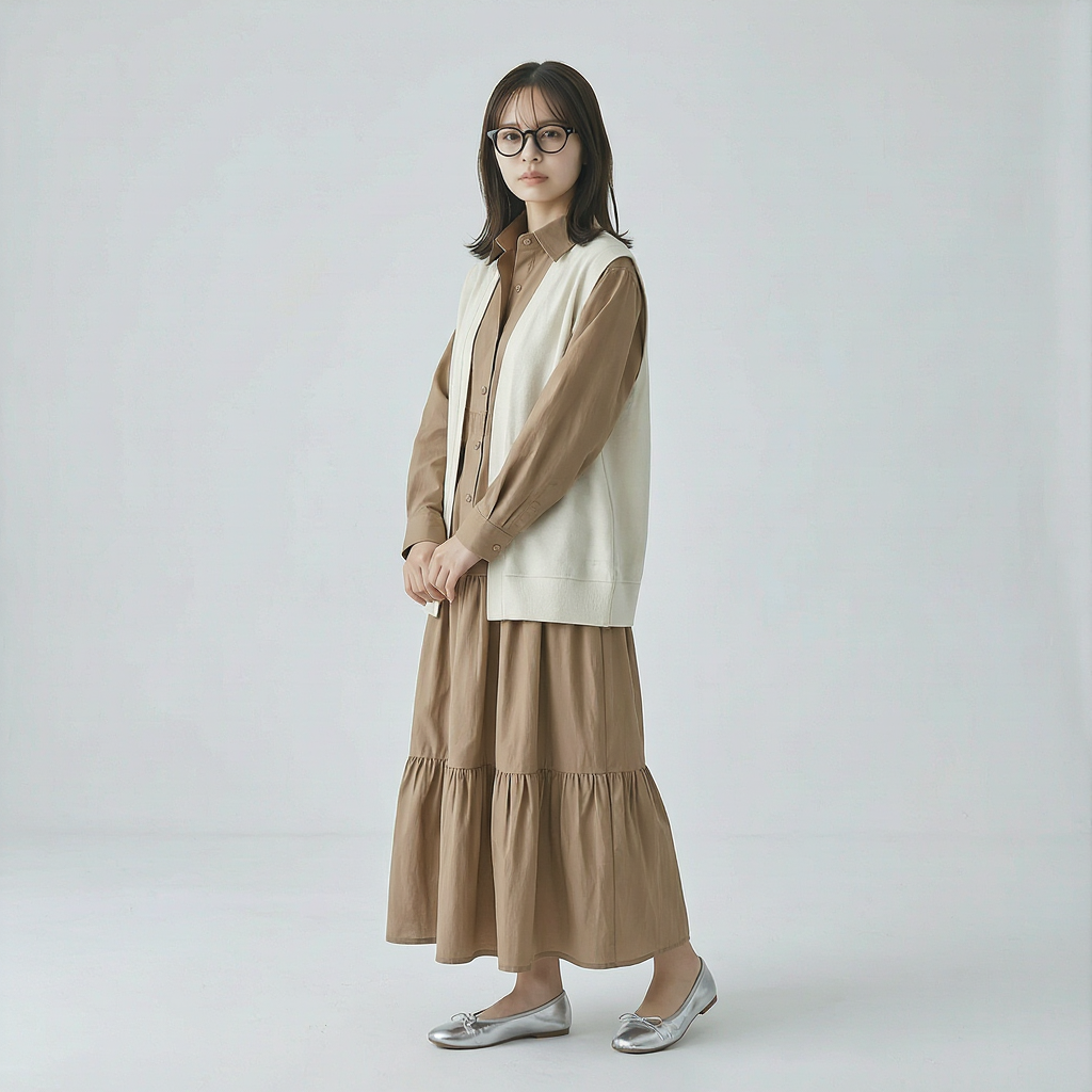 ゆったりシルエットの前開きティアードロングワンピース