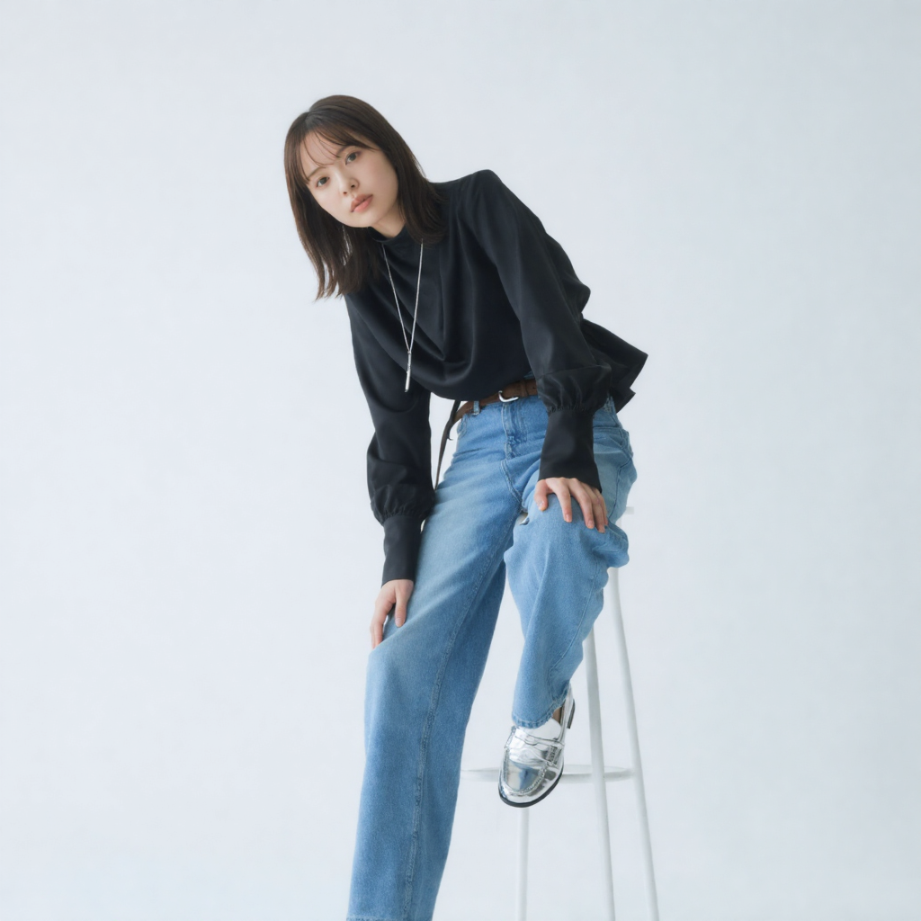 ドレープデザイン リボン付きハイネックブラウス
