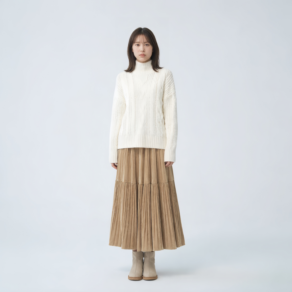 細見え Aライン 切り替え ドレープ ロングスカート