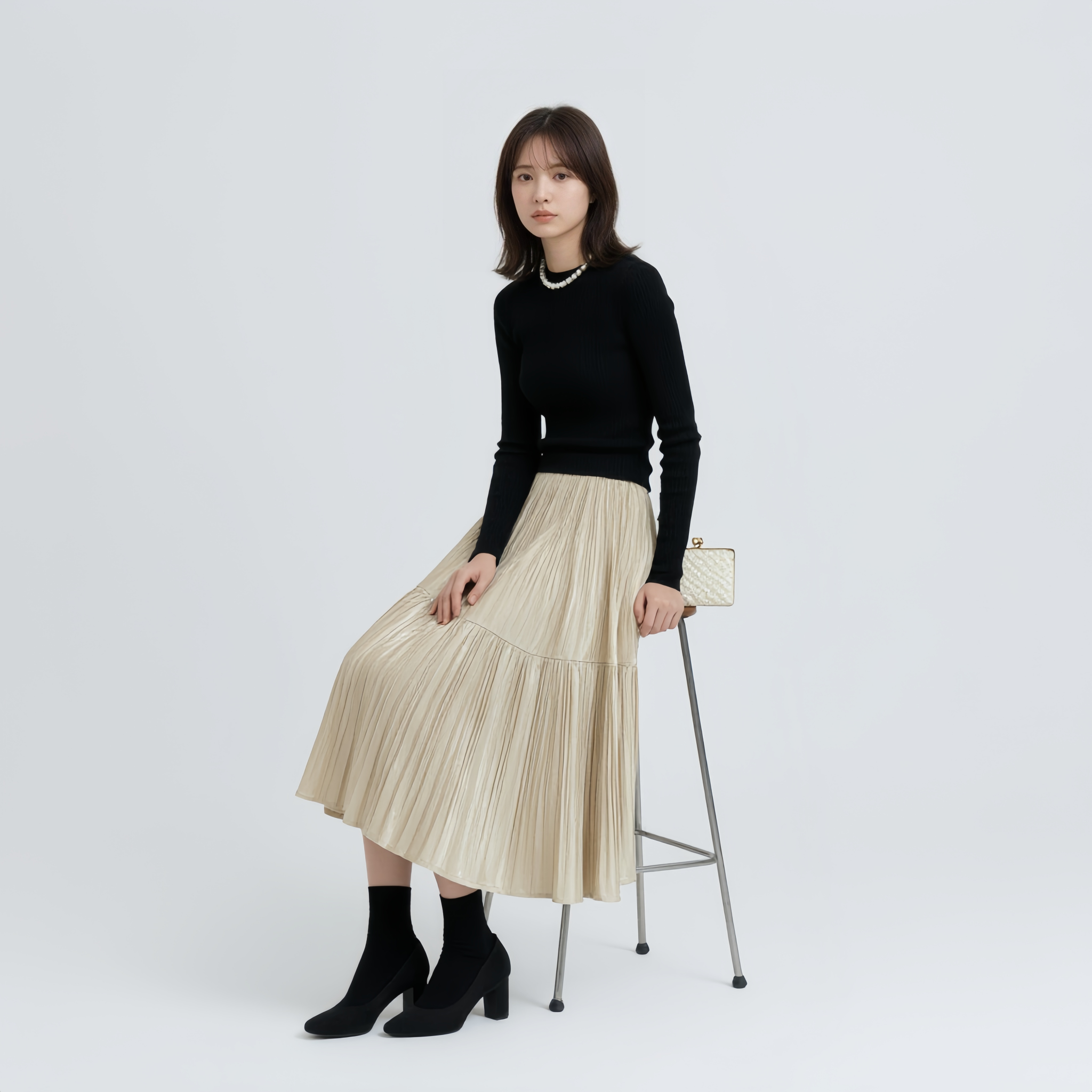 細見え Aライン 切り替え ドレープ ロングスカート