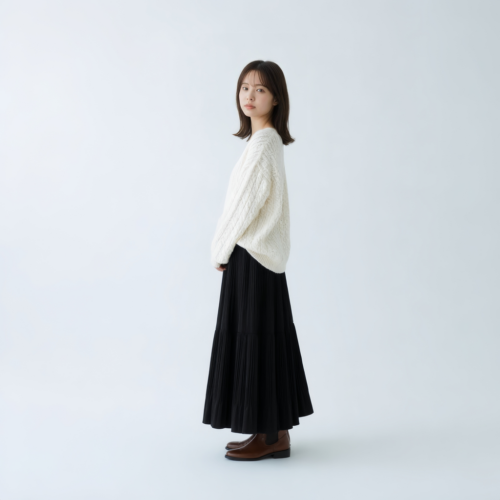 細見え Aライン 切り替え ドレープ ロングスカート