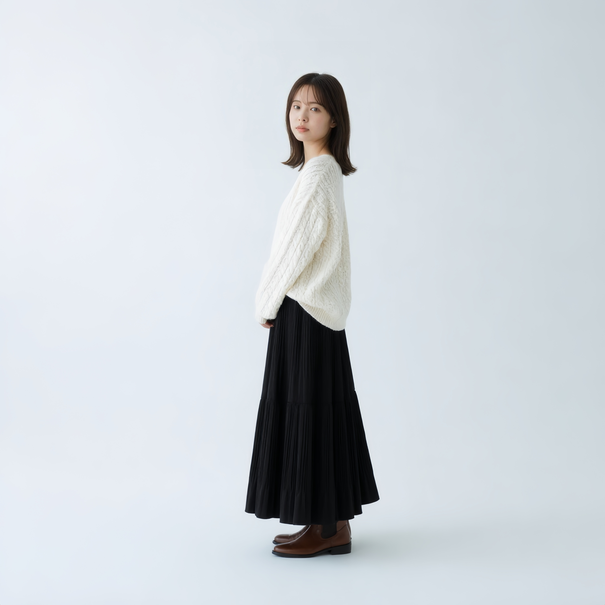 細見え Aライン 切り替え ドレープ ロングスカート