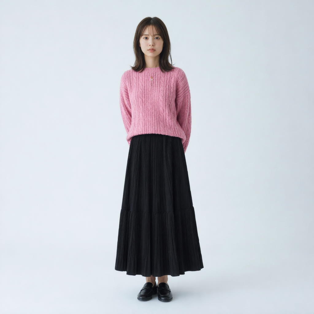 細見え Aライン 切り替え ドレープ ロングスカート