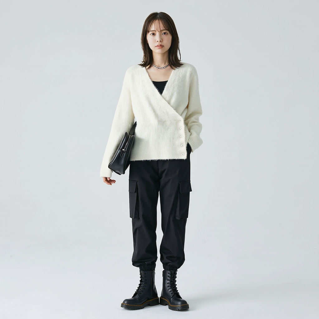 アシンメトリーボタン Vネックニット