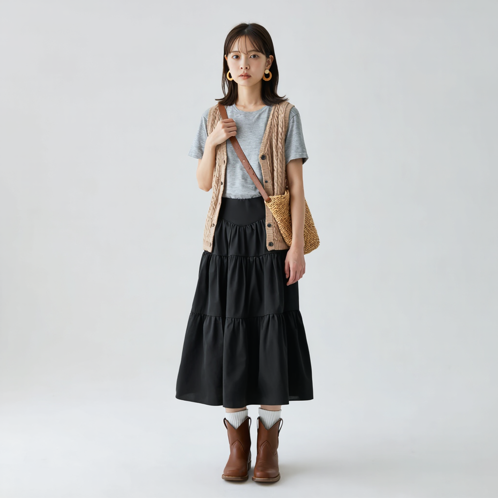 抜け感 Aライン 切替デザイン ドレープ ロングスカート