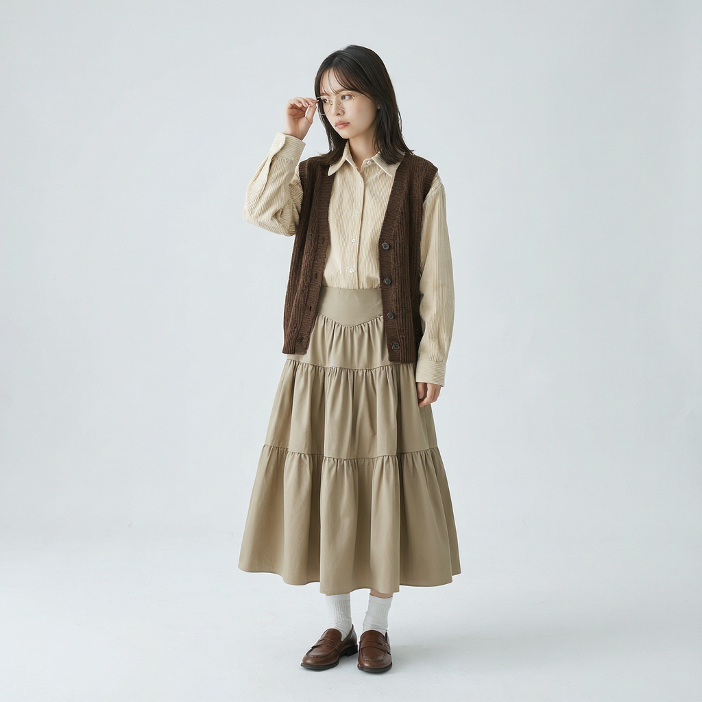 抜け感 Aライン 切替デザイン ドレープ ロングスカート