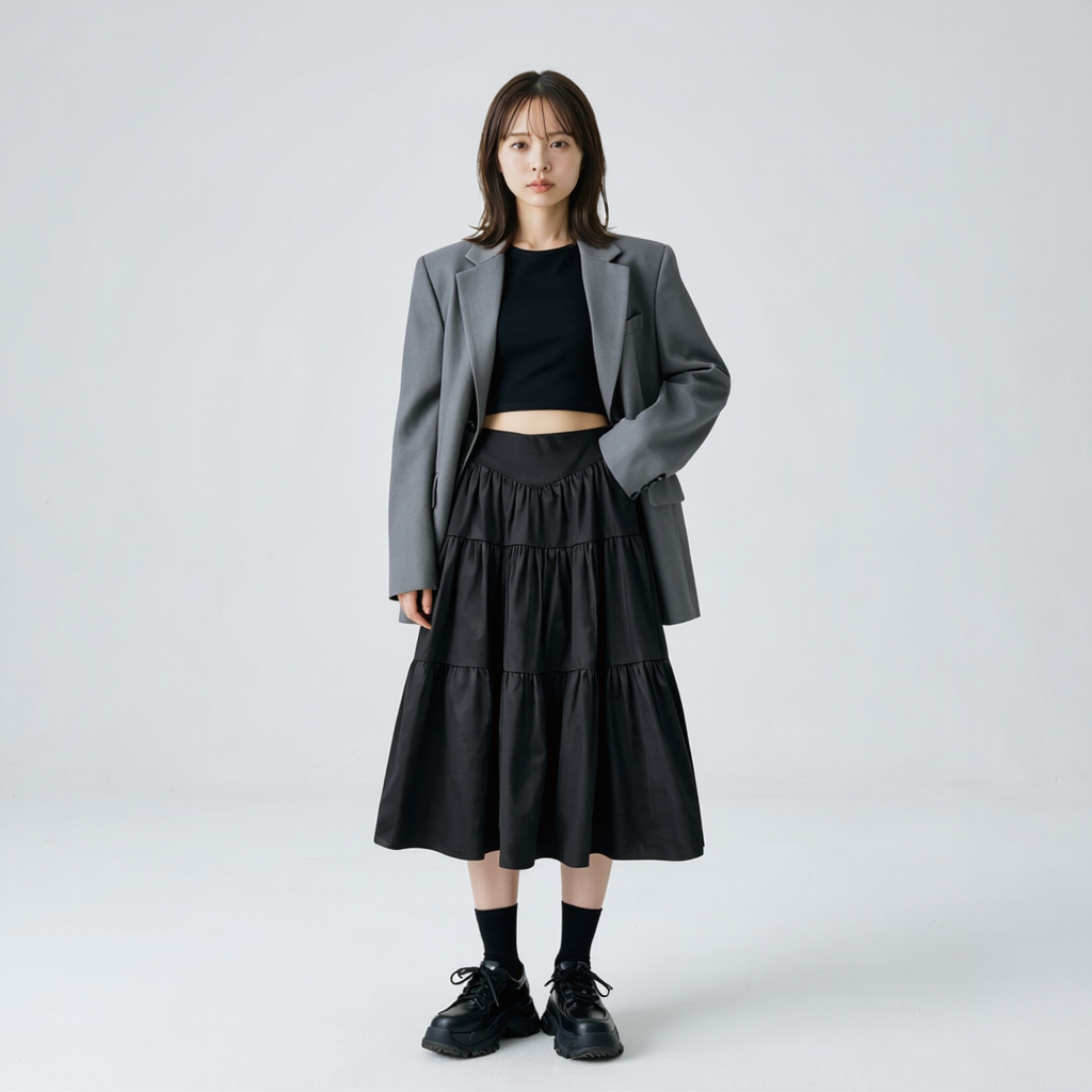 抜け感 Aライン 切替デザイン ドレープ ロングスカート