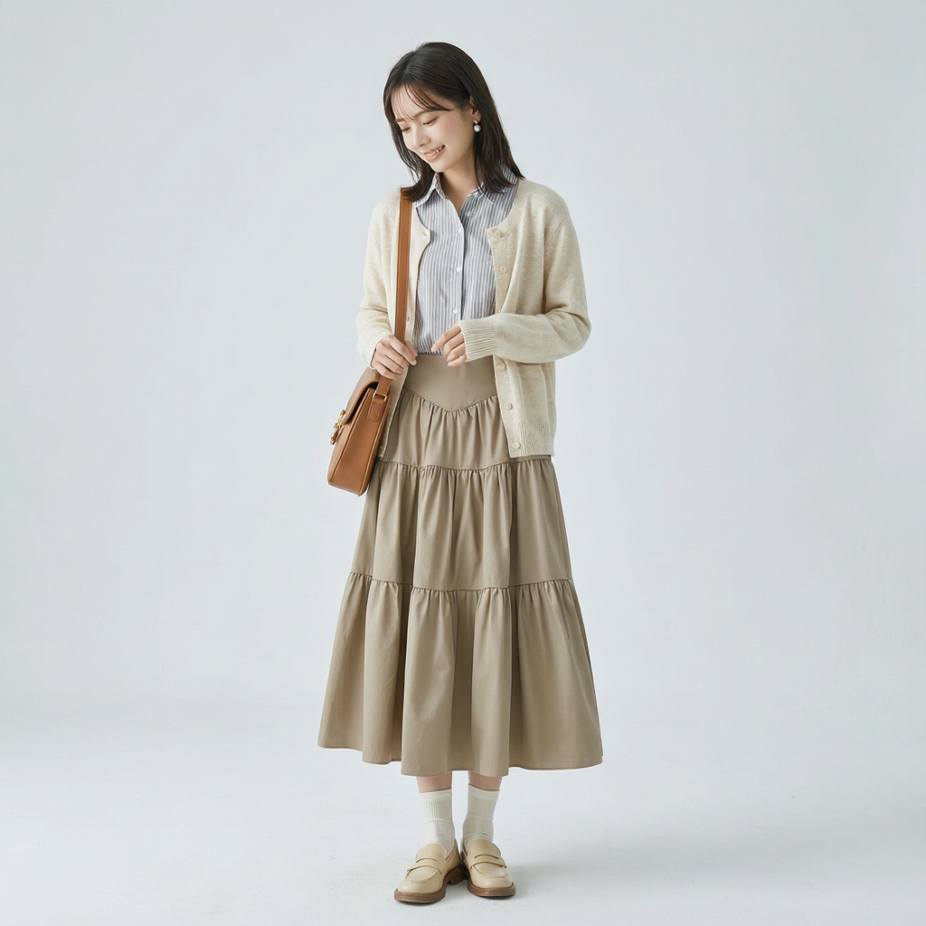抜け感 Aライン 切替デザイン ドレープ ロングスカート