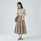 抜け感 Aライン 切替デザイン ドレープ ロングスカート