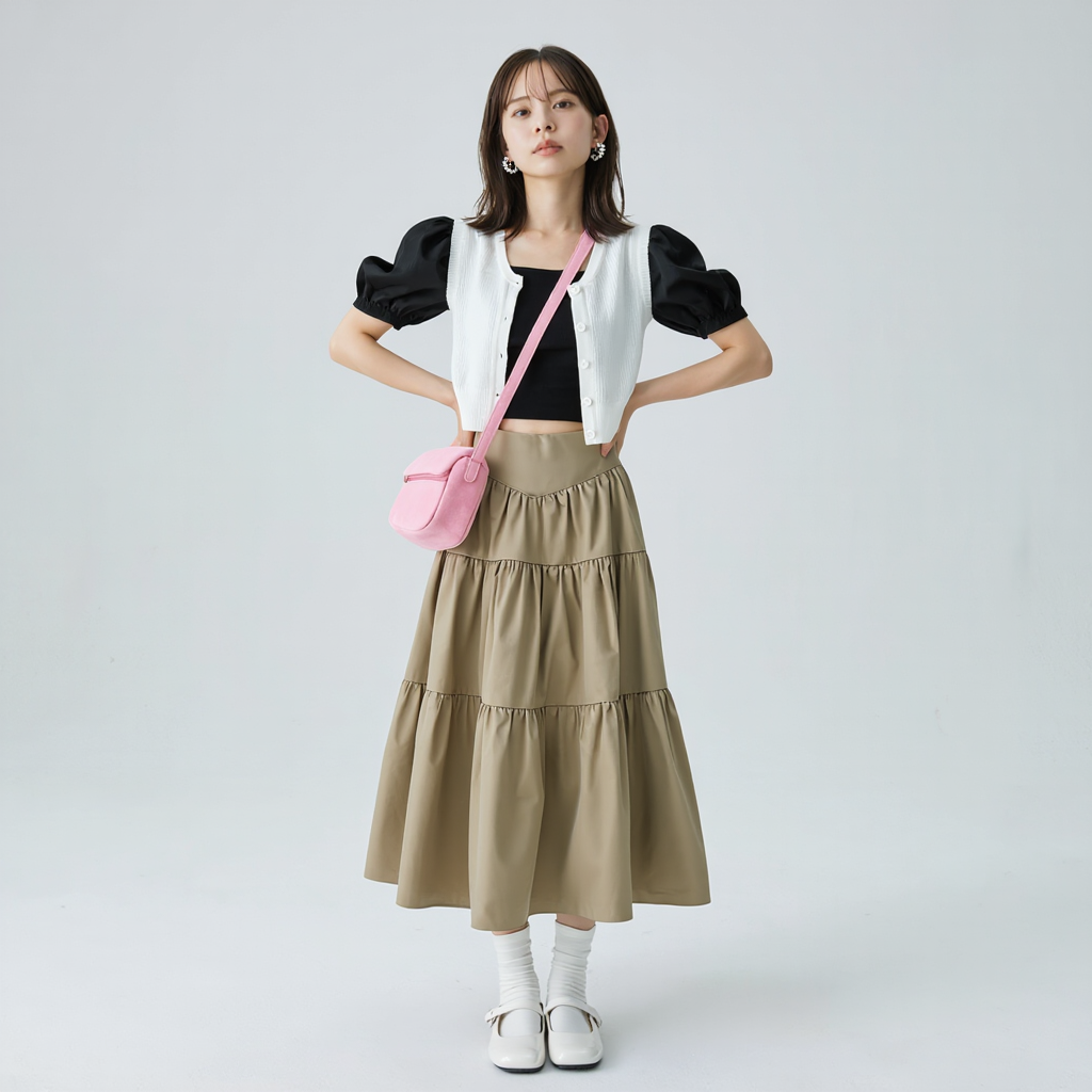 抜け感 Aライン 切替デザイン ドレープ ロングスカート