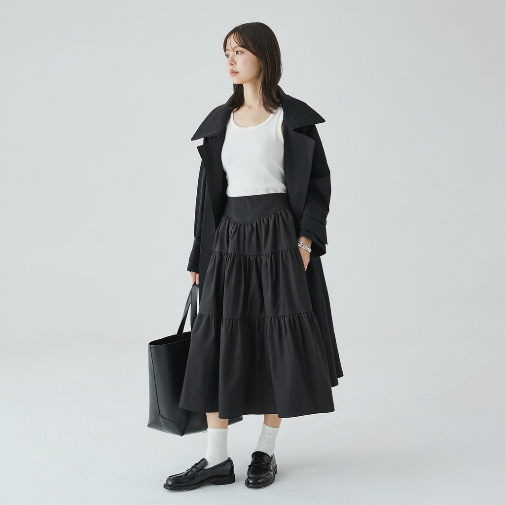 抜け感 Aライン 切替デザイン ドレープ ロングスカート